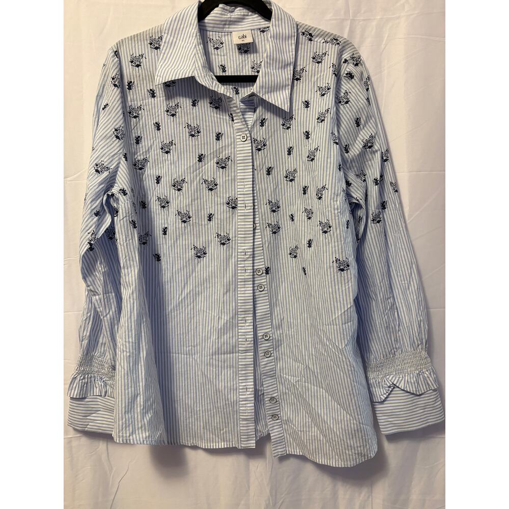 Cabi Floral Stripe Top Blue White Ruffle Sleeve Sz XL